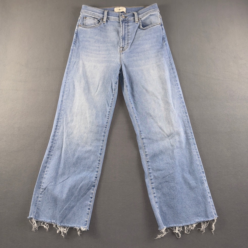 7 For All Mankind Cropped Alexa Jeans Light Wash Raw Hem Wide Leg Blue 27
